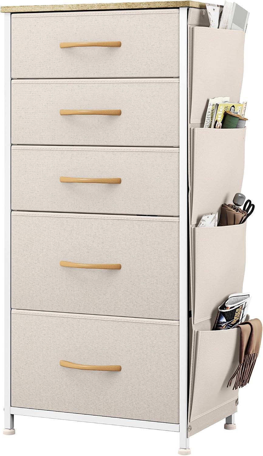 YITAHOME Chest of Drawers, Dresser with side pockets & hooks, Fabric 5 Drawers with Handles, Metal Frame, Wood Top, for Bedroom,Living Room,Hallway, Beige MegaBDM