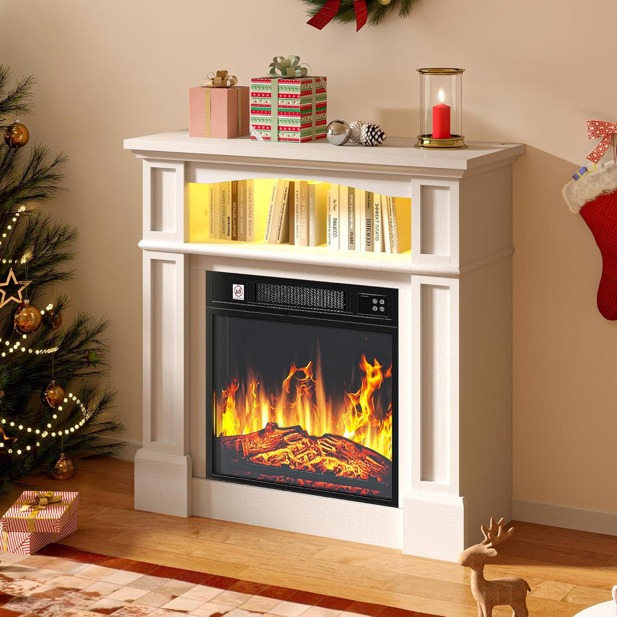 DWVO Electric Fireplace Suite 32" and Realistic Flame Effect Fire, Electric Fire and Surround Reach up to 30㎡ Space, White Electric Fire with Programmable Timer and LED Light Strip,80.5x30.5x80.5CM MegaBDM