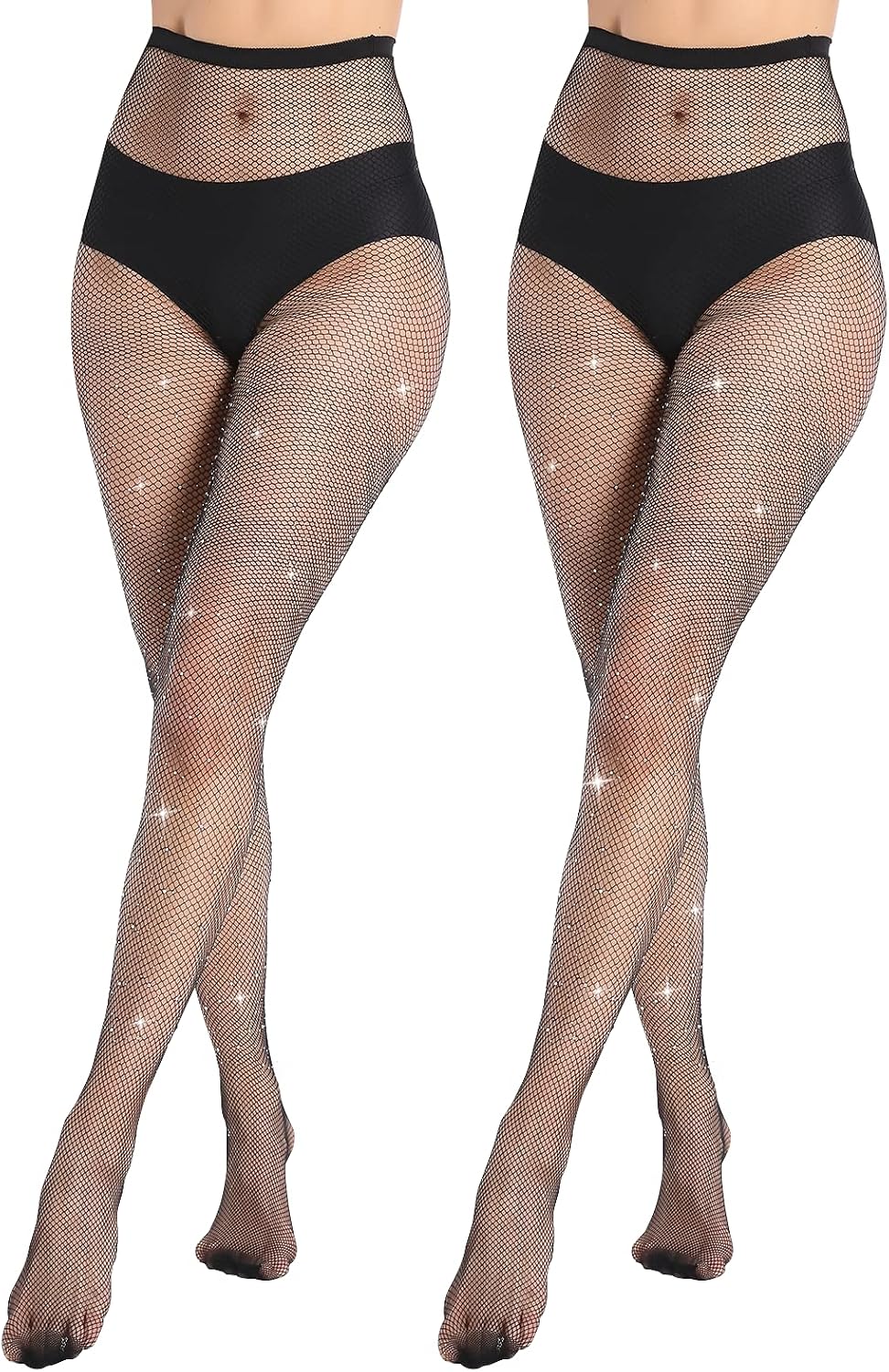 MANZI Woman Fishnet Tights, Sparkly Rhinestones and Diamond Mesh Stockings, Glitter Tights for Women 2 Pairs MegaBDM