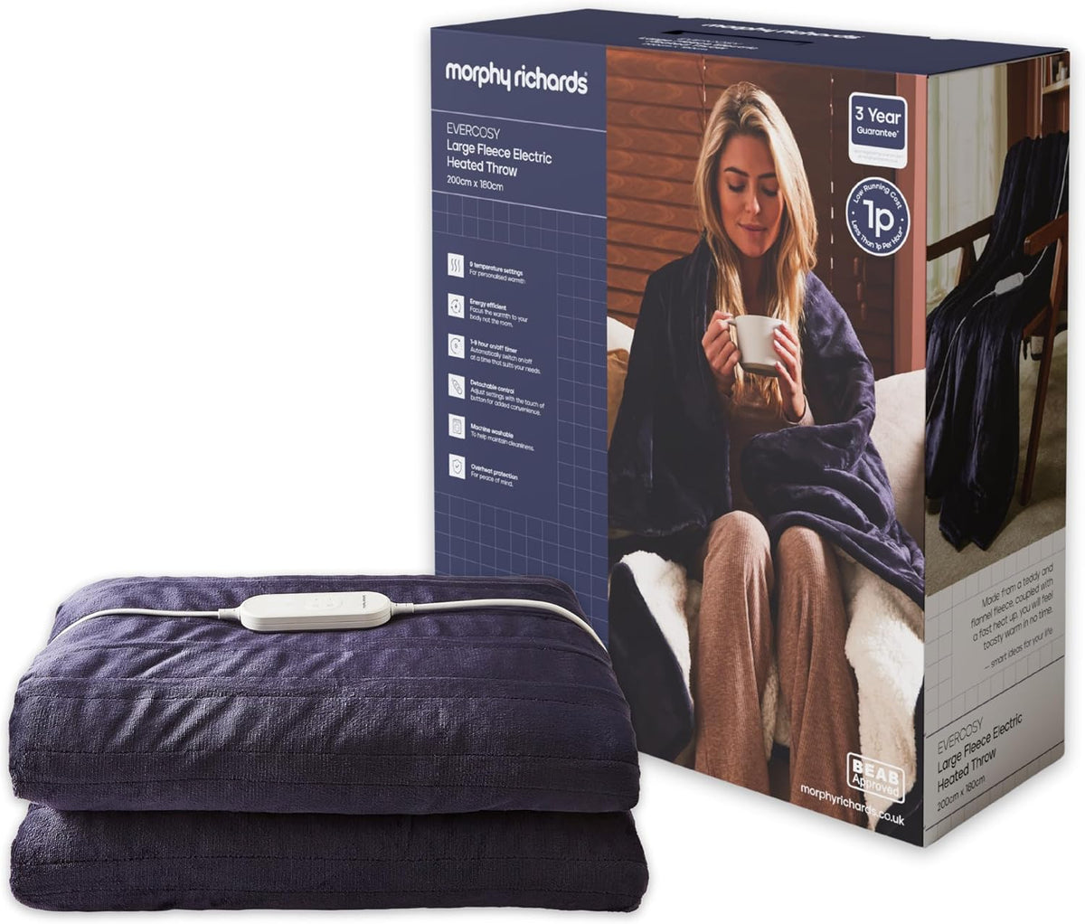 Morphy Richards EverCosy Fleece Electric Heated Throw Large, 200x180cm, 9 Heat Settings, Detachable, Teddy Fleece and Flannel Fleece, Overheat Protection, 610005 MegaBDM