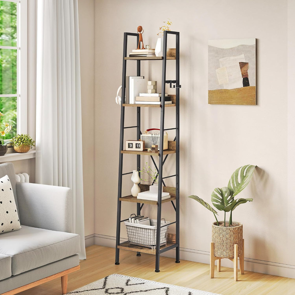 YITAHOME 5 Tiers Bookcase, Tall Narrow Bookcase Thin Book Shelf Wooden Shelves and Metal Frame Book Rack Modern Shelving Unit for Living Room, Hallway, Office, Rustic Brown Bookshelf MegaBDM