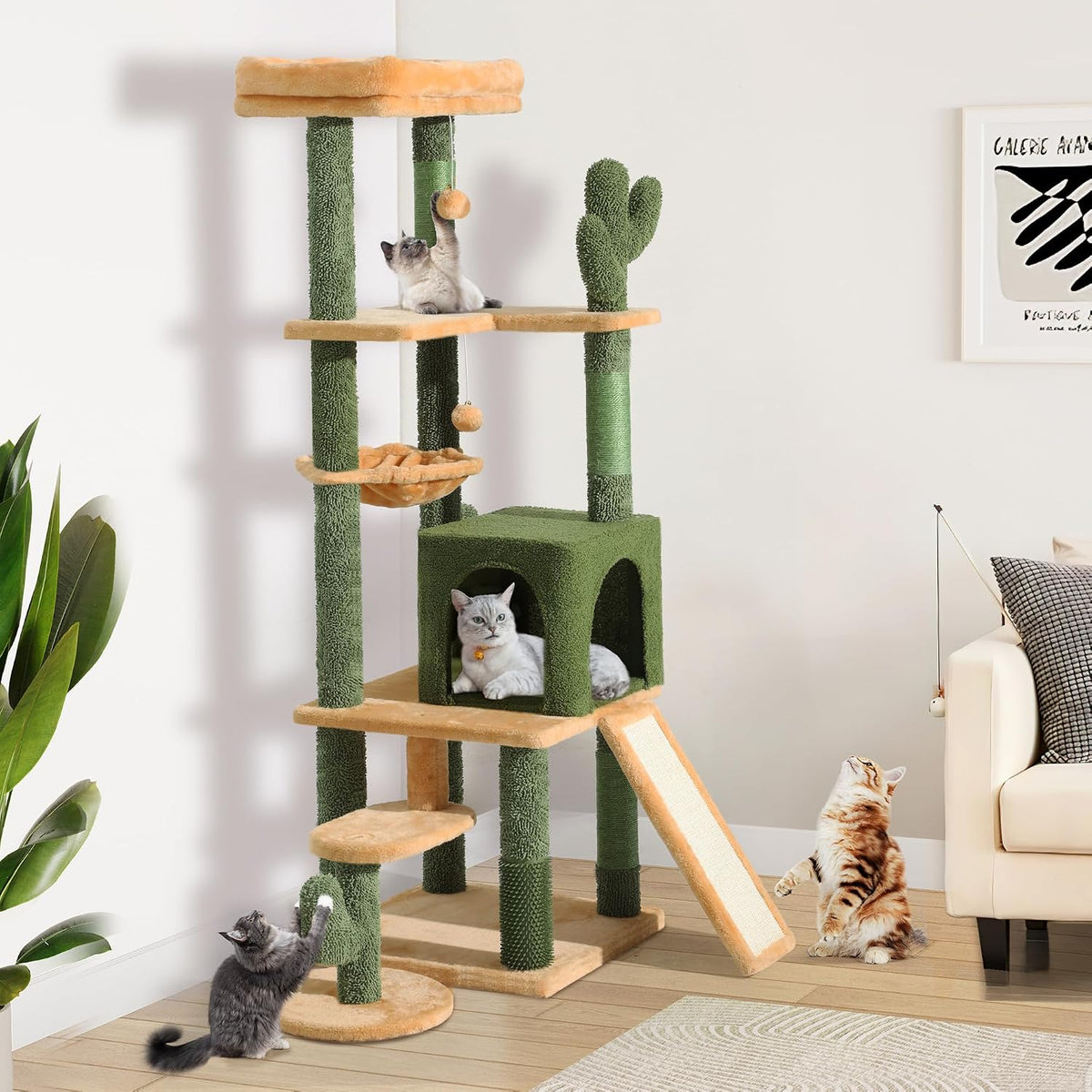 YITAHOME 153 cm Tall Cactus Cat Tree Tower with Self-grooming Brush, Cute Cat Climbing Tower for Indoor Cats with Cat Condo, Top Perch, Basktet, Sisal Scratching Posts and Board,Toy Balls MegaBDM