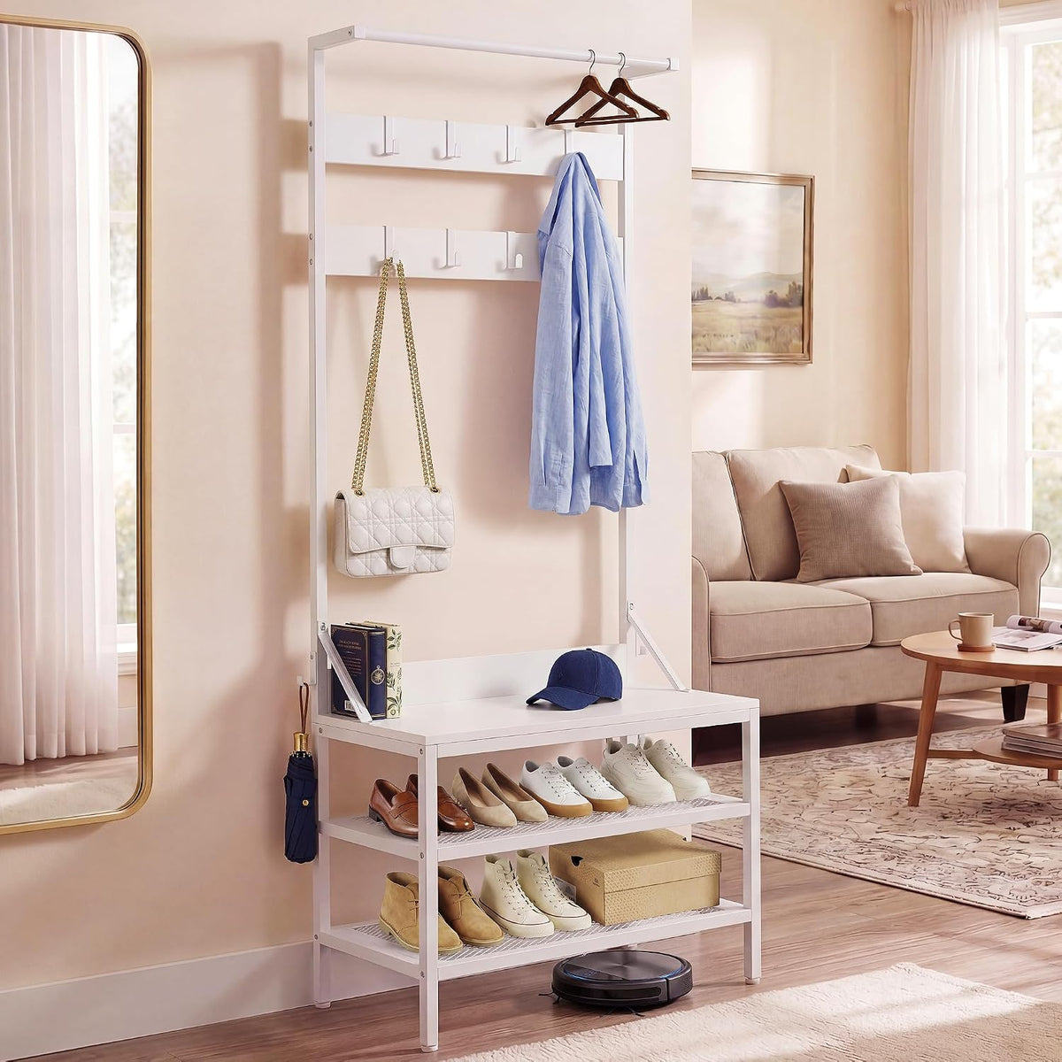YITAHOME Coat Rack Stand with Shoe Storage, Freestanding Hallway Unit with 2 Shelves, Industrial Coat Stand with 9 Hooks for Hallway Living Room Bedroom, Metal Frame, White MegaBDM