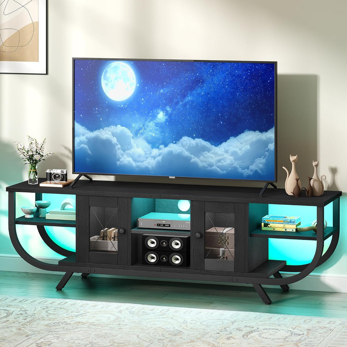 YITAHOME Industrial 140cm TV Stand Cabinet with LED Lights,TV Unit with Storage Cabinets & Open Shelves, Metal Frame TV Cabinet Fits Up to 65 Inch TV for Living Room,Black MegaBDM