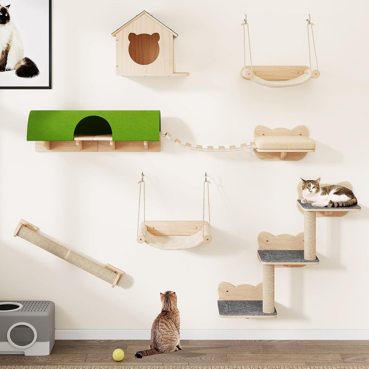 YITAHOME Cat Climbing Wall Set, Sturdy Wooden Cats Furniture, 7-PCS Shelves with House, Hanging Bridge, Stairs, Hammock, and Scratching Post for Sleeping, Playing, and Resting MegaBDM