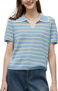 Womens Summer Short Sleeve Tops V Neck Ribbed Knit Polo Shirts Casual Lightweight Tencel Blend Stripe Pullover Top MegaBDM