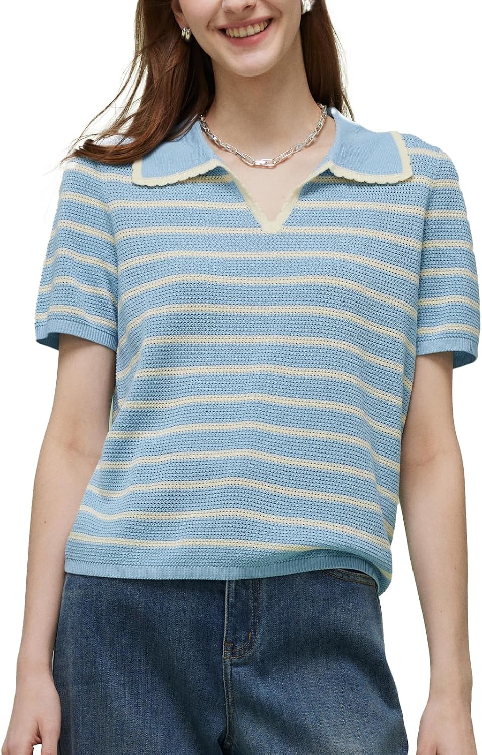 Womens Summer Short Sleeve Tops V Neck Ribbed Knit Polo Shirts Casual Lightweight Tencel Blend Stripe Pullover Top MegaBDM