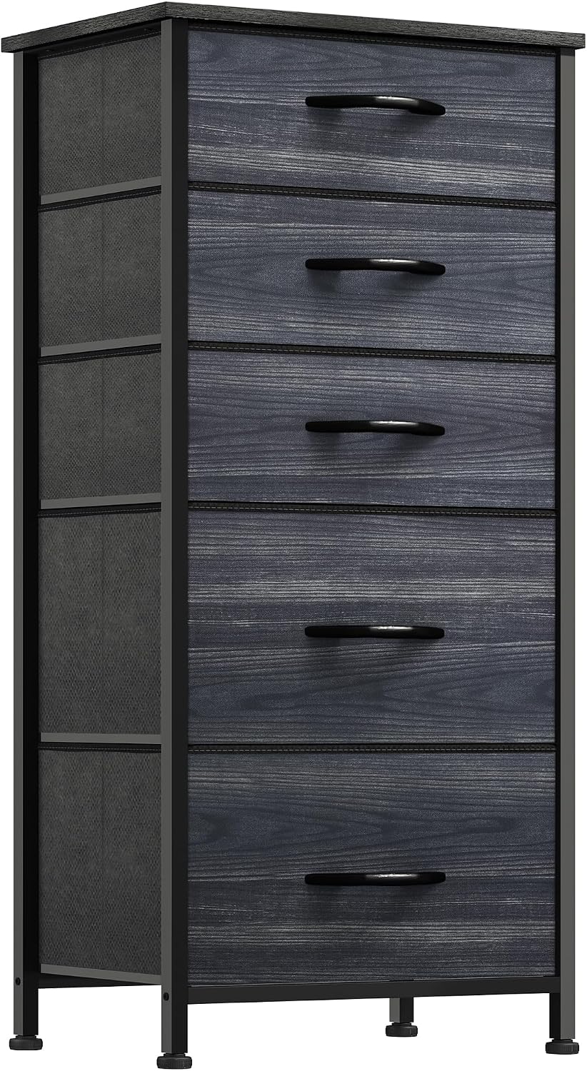 YITAHOME Chest of Drawer Bedroom with 5 Drawers Storage Unit Steel Frame Wood Top Fabric Dresser for Bedroom Living room,Closet,Black wood grain MegaBDM