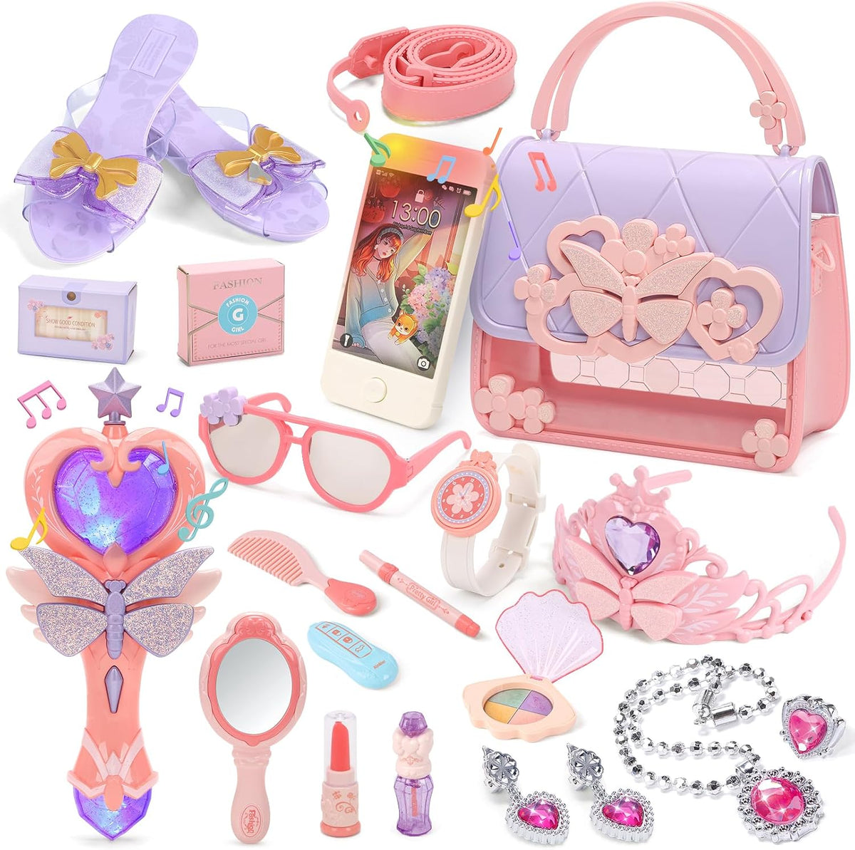 CUTE STONE Little Girls Play Purse, Toddler Purse with Handbag, Heels, Pretend Makeup Kit, Toy Phone, Light-Up Magic Wand, My First Purse Set with Princess Jewelry, Pretend Play Gift Toys for Kids MegaBDM