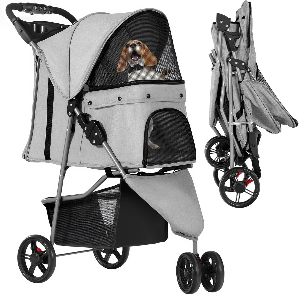 YITAHOME 15 kg Foldable Dog Stroller, Cat Stroller with 3 Wheels, Mesh Windows, Cup Holder, and Brakes, Suitable for Medium-Sized Light Gray MegaBDM