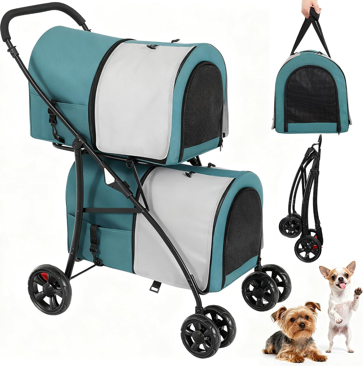 YITAHOME Double-Decker Dog Stroller, Pet Buggy, Capacity Up to 30kg, Foldable Dog Carrier with Mesh Windows, Cat Pushchair for Two Dogs and Cats Dark Green & Gray MegaBDM