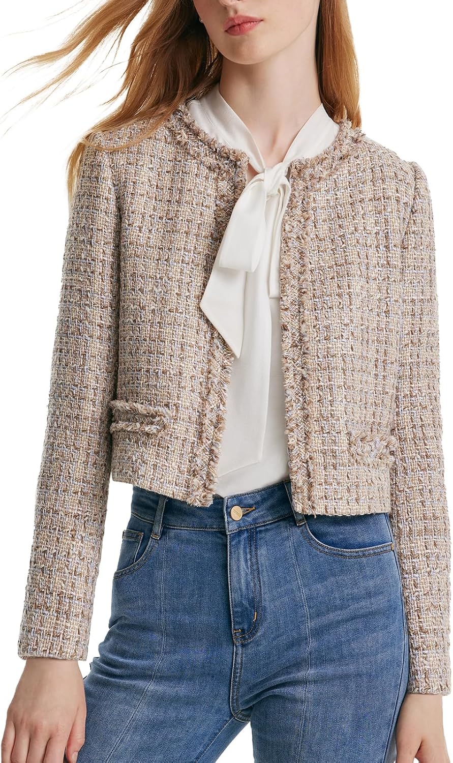GOELIA Tweed Cropped Blazer Jacket for Women Open Front Long Sleeve Slim Fit Business Casual Blazer MegaBDM