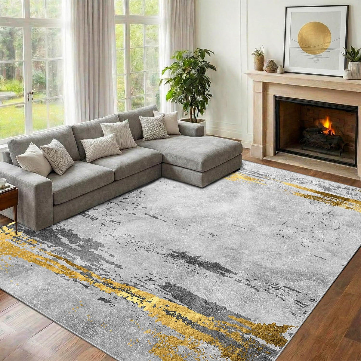 Large Washable Rugs Living Room 200x300cm Grey and Gold mit White Ultra Thin Rugs Non-slip Modern Abstract Floor Carpet for Bedroom Dining Room Kitchen Office MegaBDM
