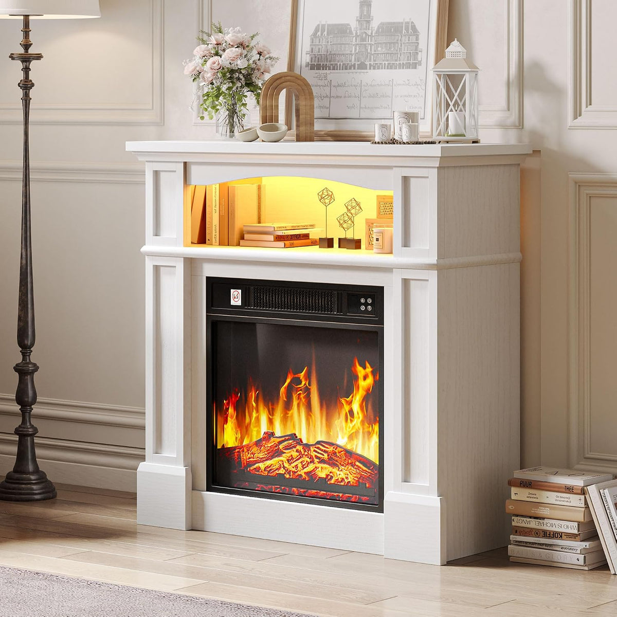 YITAHOME Electric Fireplace, White Electric Fire and Surround 18 inch Heating Modern Realistic LED Flame, with Timer and 16 Color LED Light Strip and Remote Control, 32.5D x80.5W x 80.5H MegaBDM