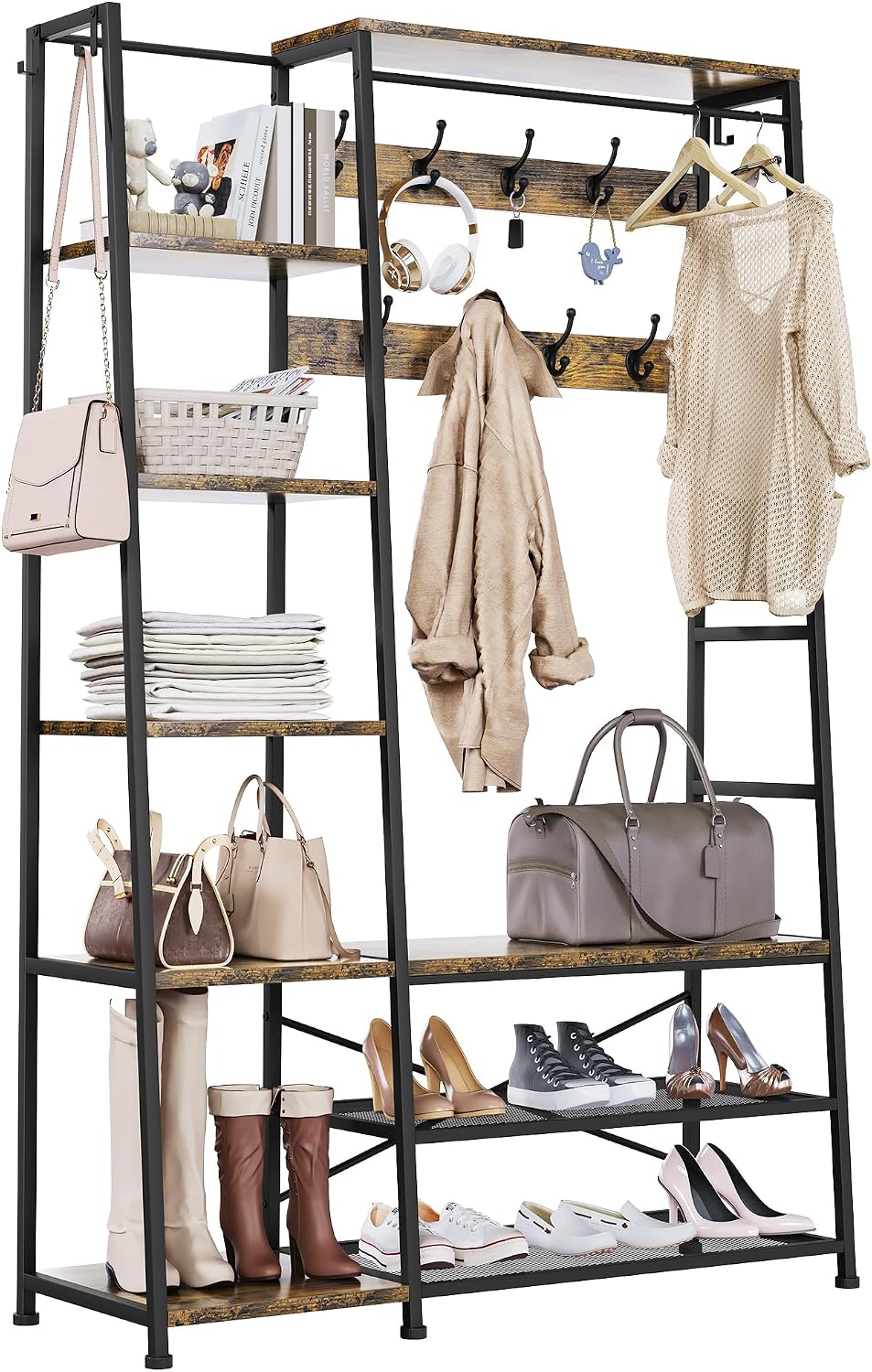 YITAHOME Coat Rack Stand, Large Hall Tree with Bench, Industrial Coat Rack with Shoe Storage, Floorstanding Clothes Rail with 9 Hooks and 5 Shelves Garment Rack for Hallway, Living Room, Rustic Brown MegaBDM