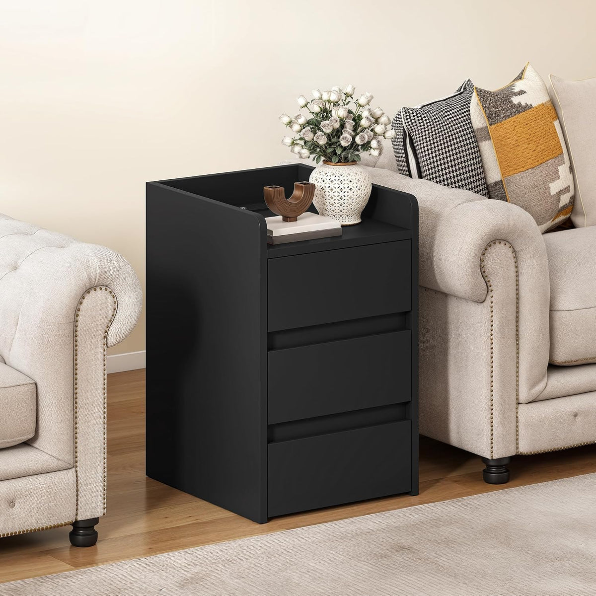 YITAHOME Bedside Table 3 Drawers Charging Station Nightstand Storage Black MegaBDM