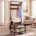 YITAHOME Coat Rack Stand with Shoe Storage, Freestanding Hallway Unit with 2 Shelves, Industrial Coat Stand with 9 Hooks for Hallway Living Room Bedroom, Metal Frame, Black MegaBDM