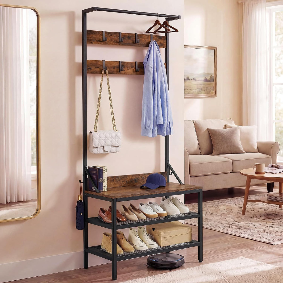 YITAHOME Coat Rack Stand with Shoe Storage, Freestanding Hallway Unit with 2 Shelves, Industrial Coat Stand with 9 Hooks for Hallway Living Room Bedroom, Metal Frame, Black MegaBDM