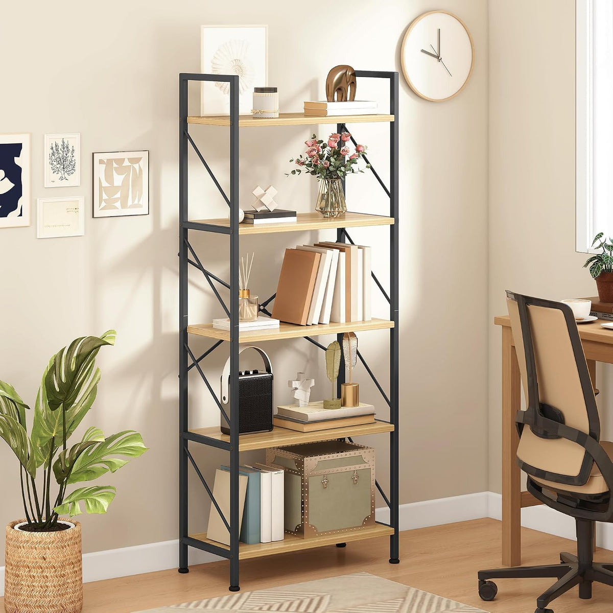 DWVO 5 Tiers Book Shelf, Wood and Metal Bookcase Storage Organizer, Industrial Bookshelf Tall Shelving Unit Display Rack for Living Room Kitchen Bedroom, Black Book Rack MegaBDM