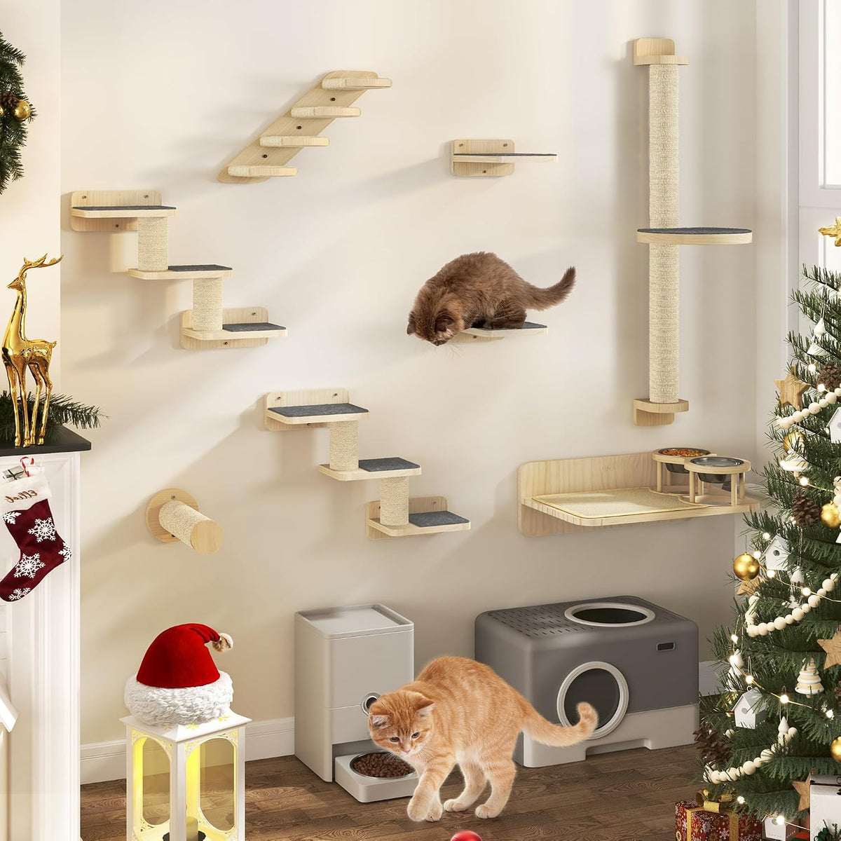 YITAHOME 8PCS Wall Mounted Cat Climbing Shelves, Wall Furniture With Stairway, 2 Platforms, 2 Ladders, Non-Slip Mats, Sisal Post, Large Platform, Bed With 2 Bowls MegaBDM