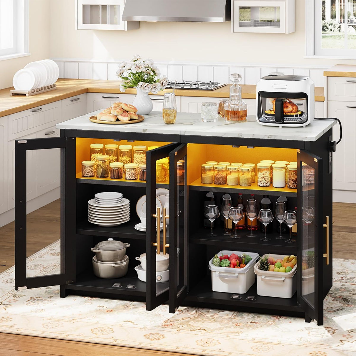 YITAHOME kitchen island with Power Outlet and LED Lights, breakfast bar table with seating space, double cabinets with Acrylic Doors, three layer adjustable Cabinet, 130 * 60 * 88.5cm, Marble effect MegaBDM