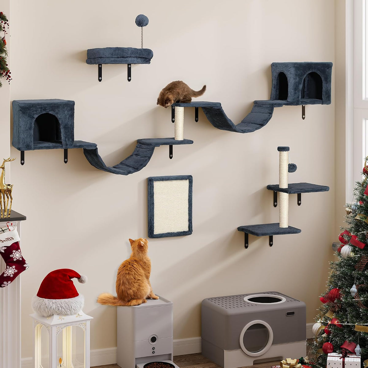YITAHOME 8-Piece Climbing Wall Set for Cats, Sturdy Plush Climber Frame With Scratching Posts, House, Bridge, Stairs and Hanging Ball, Dark Grey MegaBDM