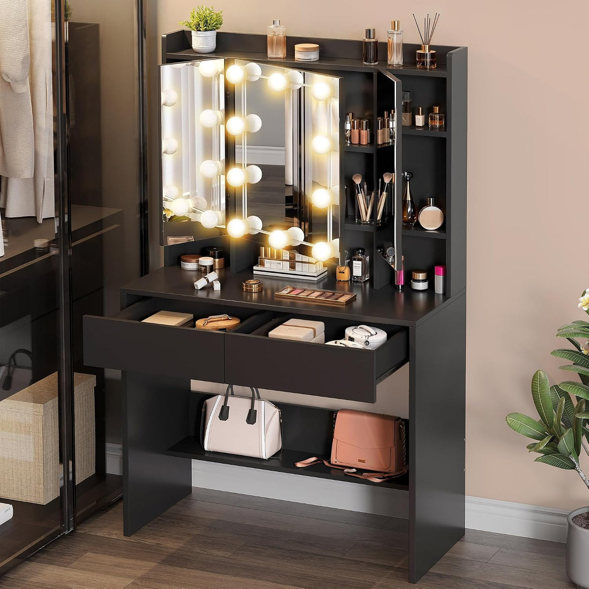 YITAHOME Black Dressing Table, Vanity Desk with 3 Mirror and 2 Drawers, Bedroom Dressing Tables with LED Lights, 10 Bulbs, 3 Light Colours Jewellery Storage and Open Shelves, Modern Makeup Desk MegaBDM