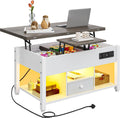 YITAHOME Folding Lift Top Coffee Table with Drawer, 4-in-1 Convertible Table with Storage Space and Type-G Outlets, Multi-Color LED Lighting with Music Mode for Living Room, Dining Room, White Grey MegaBDM