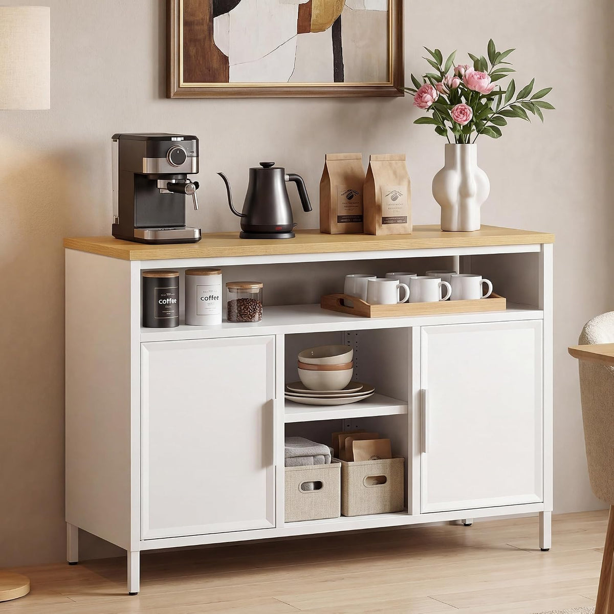 YITAHOME Sideboard Storage Cabinet Metal Cupboard 2 Doors Oak Top White | Sideboard Cabinet with Double Doors, Metal Storage Cupboard Steel Frame Adjustable Shelves, Kitchen Living Room, 108x40x76cm MegaBDM