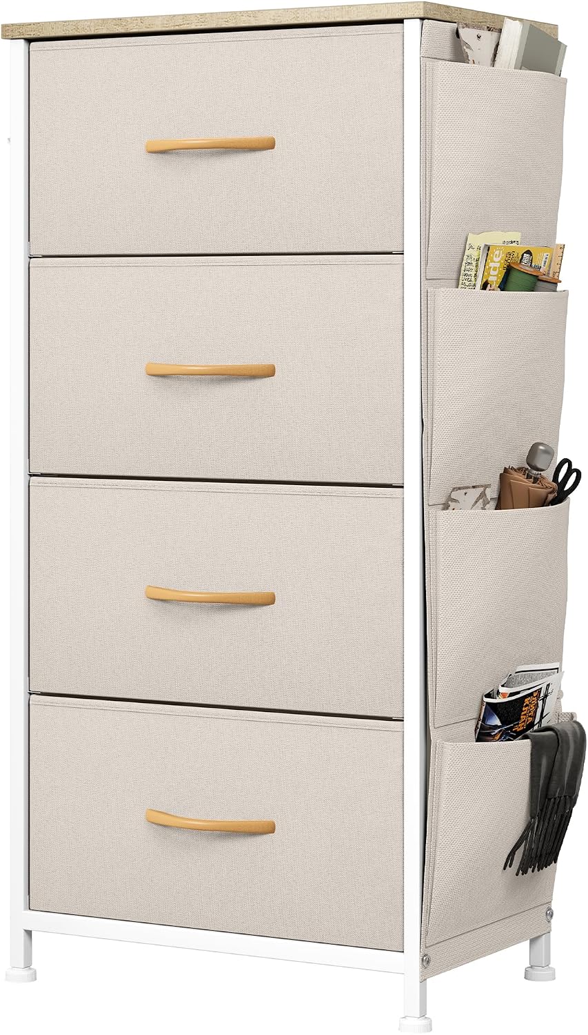 YITAHOME Chest of Drawers, Dresser with side pockets & hooks, Fabric 4 Drawers with Handles, Metal Frame, Wood Top, for Bedroom,Living Room,Hallway, Beige MegaBDM