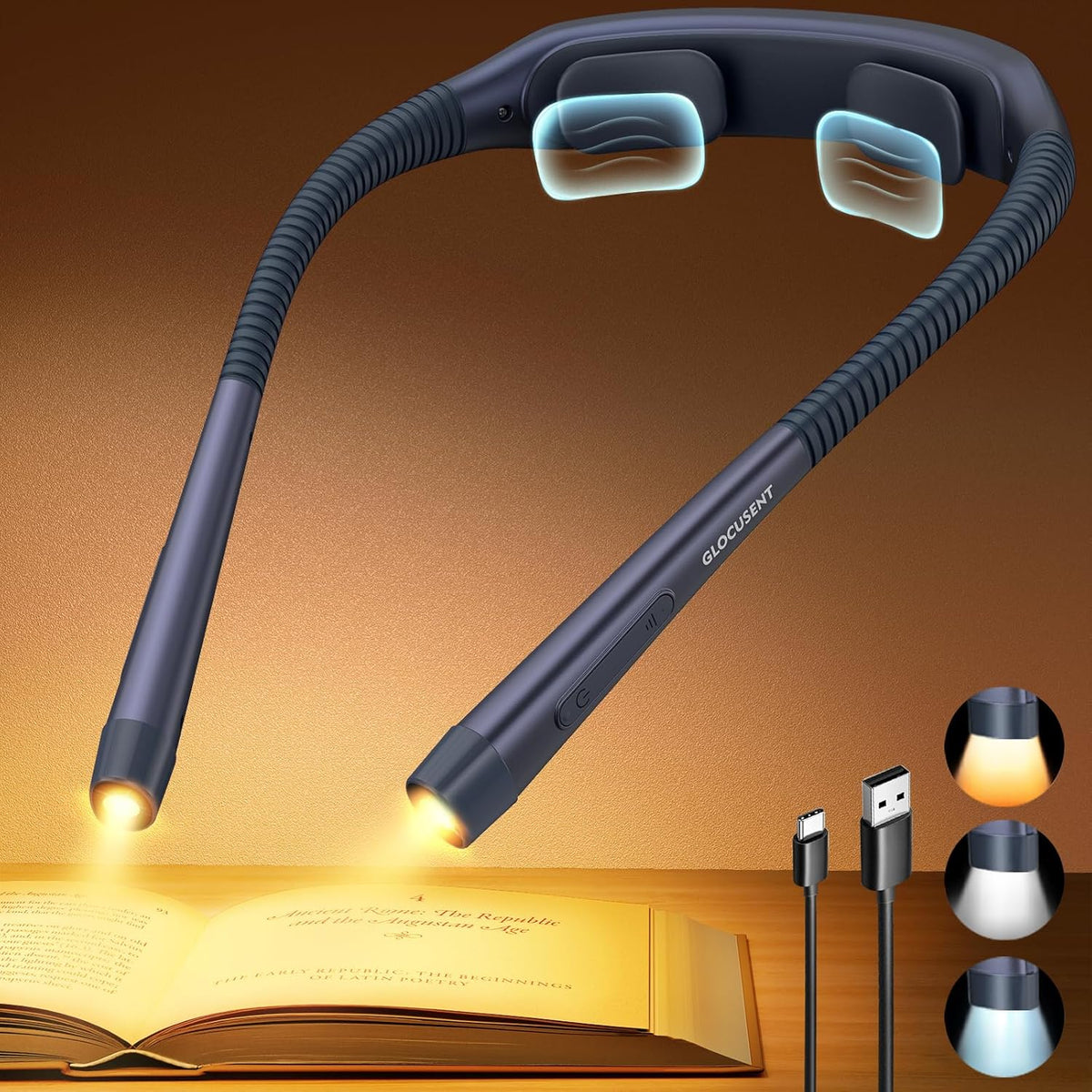 Glocusent LED Neck Reading Light 1600mAh Rechargeable 3 Colors 5 Brightness | Ergonomic neck light design with soft pads, 30/45 min timer, travel lock, for reading in bed, travel and camping MegaBDM