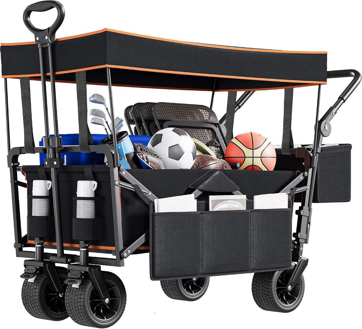 YITAHOME Beach Trolley with Handle Overhead Canopy Cart Push Pull, Folding Wagon with 2 Drink Holders, Large Capacity 220 lbs, Camping Trolley Oversized Wheels for Outdoor Garden Picnics (Black) MegaBDM