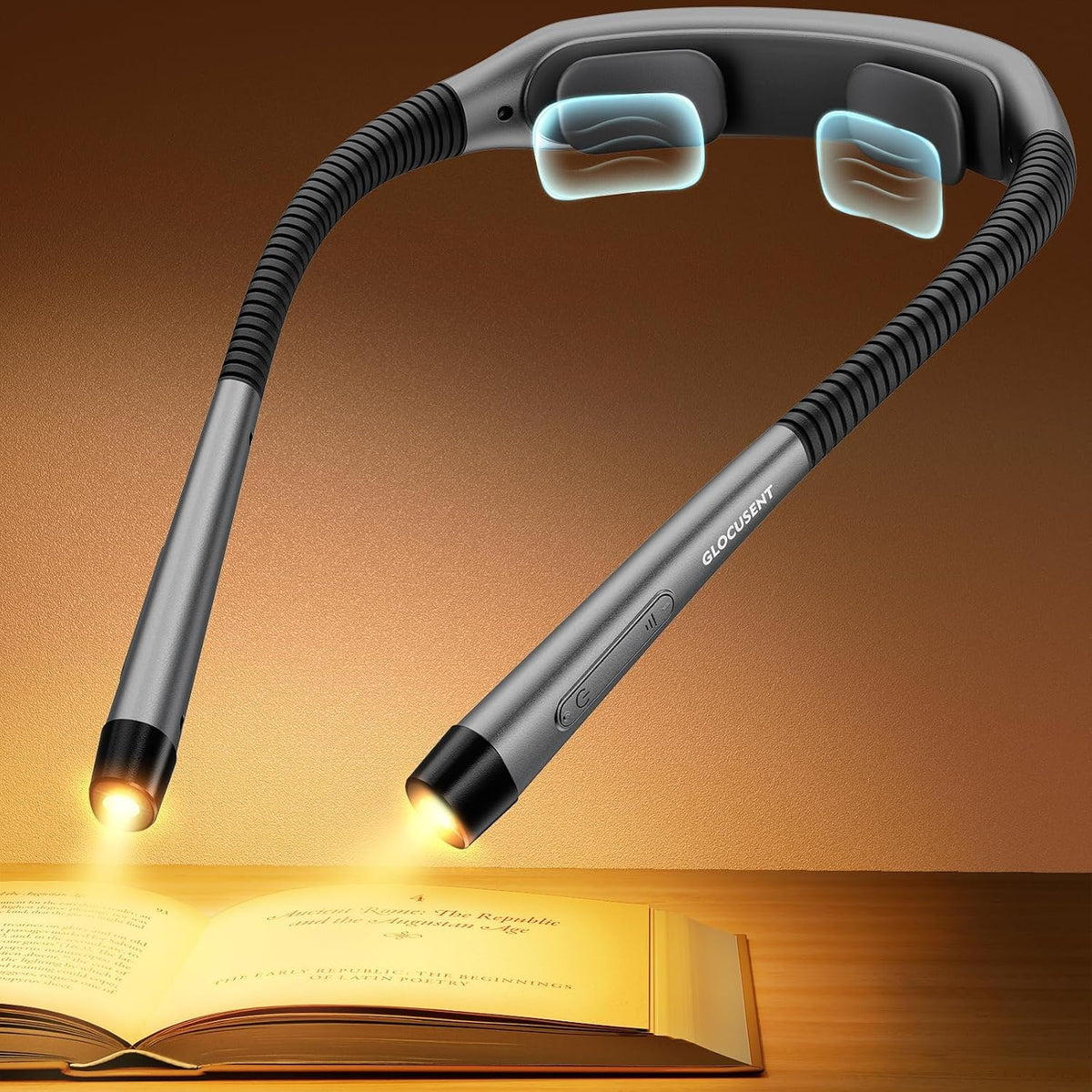 Glocusent LED Neck Reading Light 1600mAh Rechargeable 3 Colors 5 Brightness | Ergonomic neck light design with soft pads, 30/45 min timer, travel lock, for reading in bed, travel and camping MegaBDM