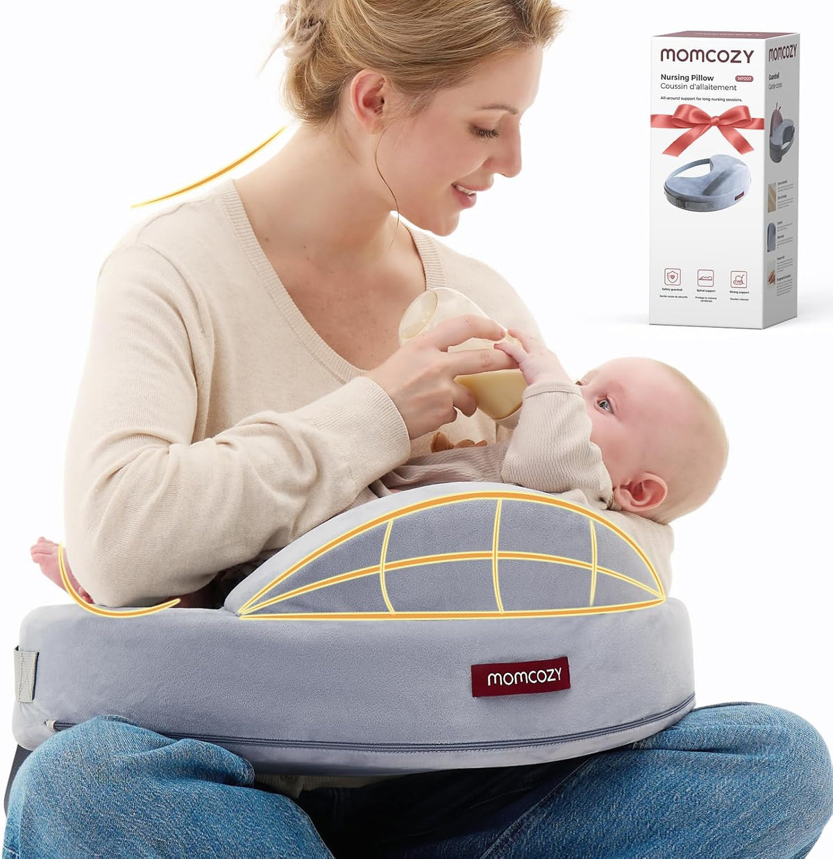 momcozy Innovative Safety Fence Nursing Pillow - Firm & Springy Memory Foam - Stable, Ergonomic Support & Comfort - Wider Breastfeeding Cushion, Adjustable, Removable Cover, Baby Safety Certified MegaBDM