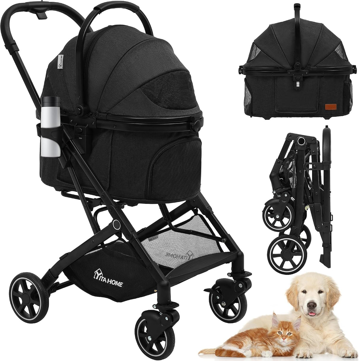 YITAHOME Dog Pram, Pet Stroller, Foldable Dog Pushchair for Medium Dog 15kg, Dog Buggy with Detachable Carrier Storage Basket, Cup Holder, Pet Carrier on 4 Wheels (Black) MegaBDM