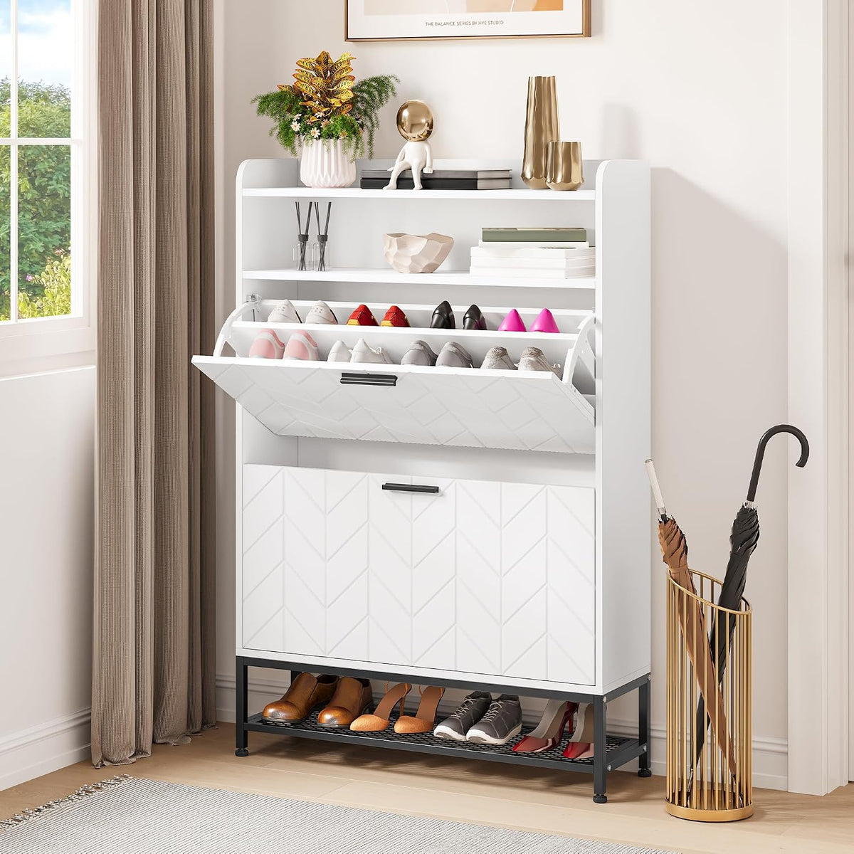 YITAHOME Shoe Storage Cabinet, Wooden Shoe Cabinet with 2 Flip Drawers Floorstanding Shoes Cupboard with Open Shelves and Metal Legs, Shoes Rack for Living Room Entryway Hallway, 24x80x117cm MegaBDM
