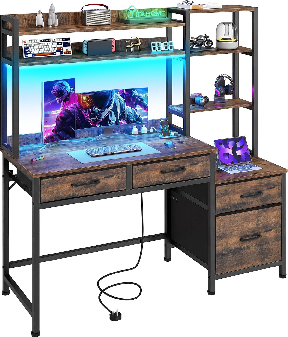 YITAHOME Computer Desk with Drawers, Home Office Corner Computer Table Storages & Shelves, Gaming Desks Workstations with LED Lights & Power Outlets, Study Table Corner Desk with File Drawer, Vintage MegaBDM