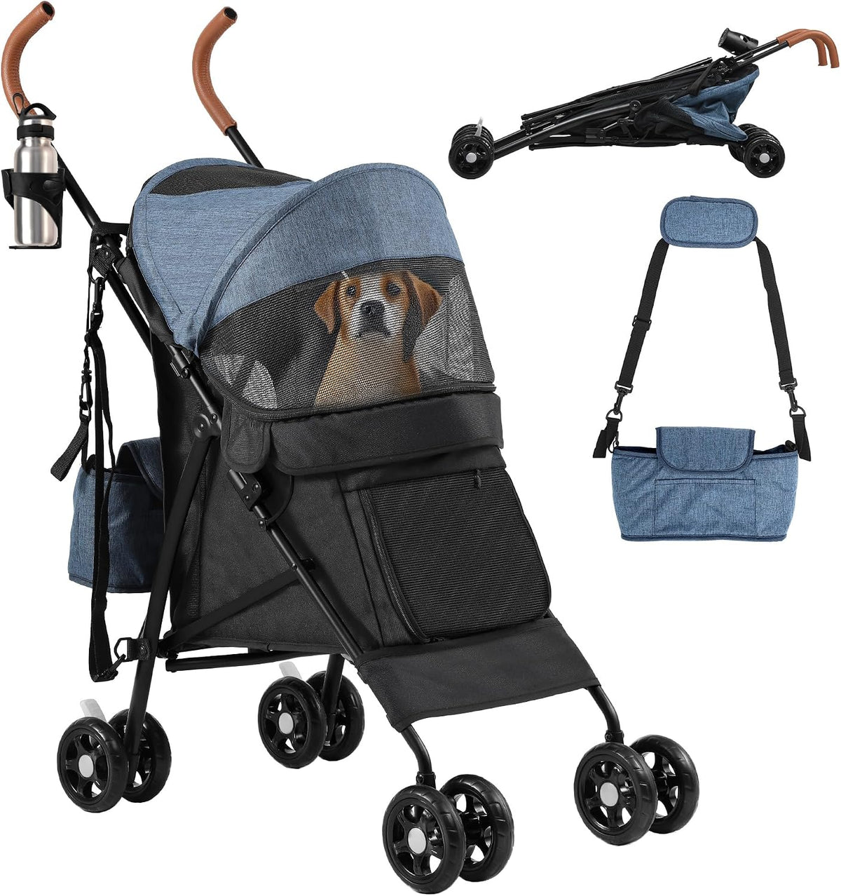 DWVO Dog Stroller, Pet Stroller, Foldable Dog Travel Pushchair, Dog Pushchair with 4 EVA Wheels for Medium Dog 22kg, with Storage Basket, Cup Holder, Hanging Bag and Safety Belt, Dog pram (Blue Black) MegaBDM