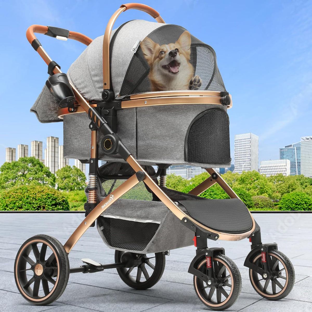 YITAHOME Dog Pram, Pet Stroller 3-in-1, One-Click Foldable Cat Dog Stroller, Dog Pushchair with Detachable Carrier Storage Basket Cup Holder Removable Hanging Bag, Car Seat, Dog Buggy (Grey) MegaBDM