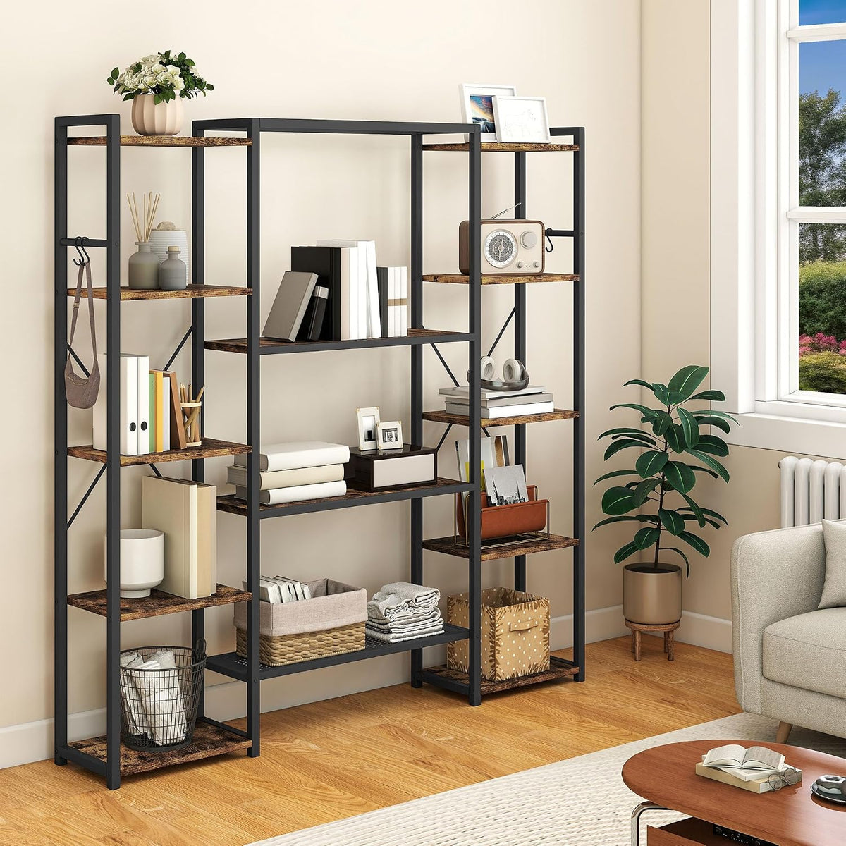 YITAHOME Industrial Bookcase, 13-Shelf Floorstanding Bookshelf, Wooden Shelves and Metal Frame Shelving Unit, Book Rack and Display Organizer for Living Room, Home Office, Rustic Brown MegaBDM