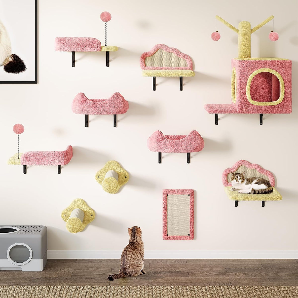 YITAHOME Cat Climbing Wall Set Made of Flannel, 10 Pcs Sturdy Cat Furniture with House, Bed, Scratching Board, Sisal Columnfor Cats Sleeping, Playing, Lounging MegaBDM
