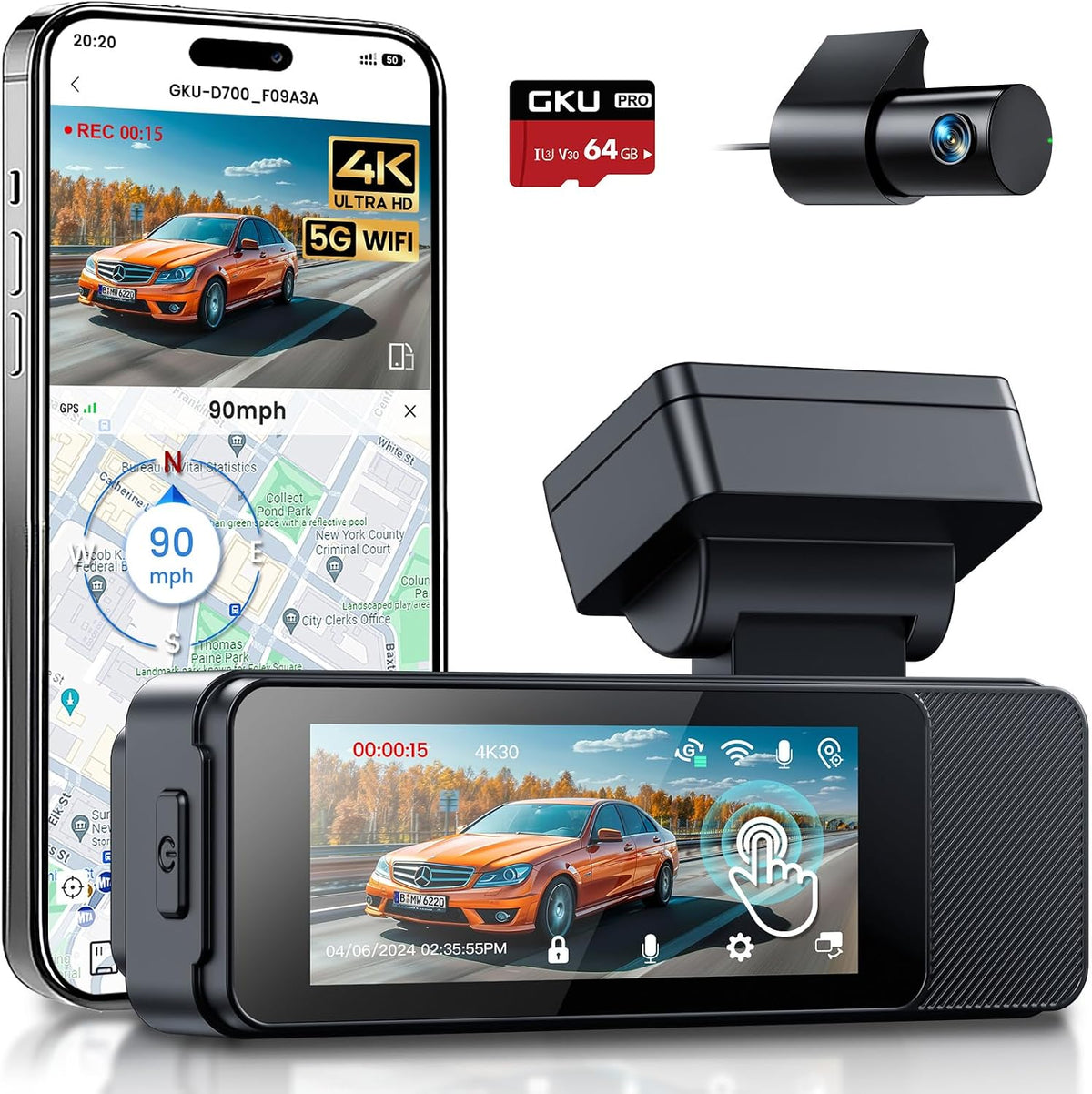 GKU 4K Dash Cam Front and Rear, 5Ghz Wi-Fi Dashcam with 3.18'' Touchscreen, GPS, Dual Car Camera Dash Cam with 64GB SD Card,Super Night Vision,WDR,Parking Monitor,G-sensor,Loop Recording,Max 512GB MegaBDM