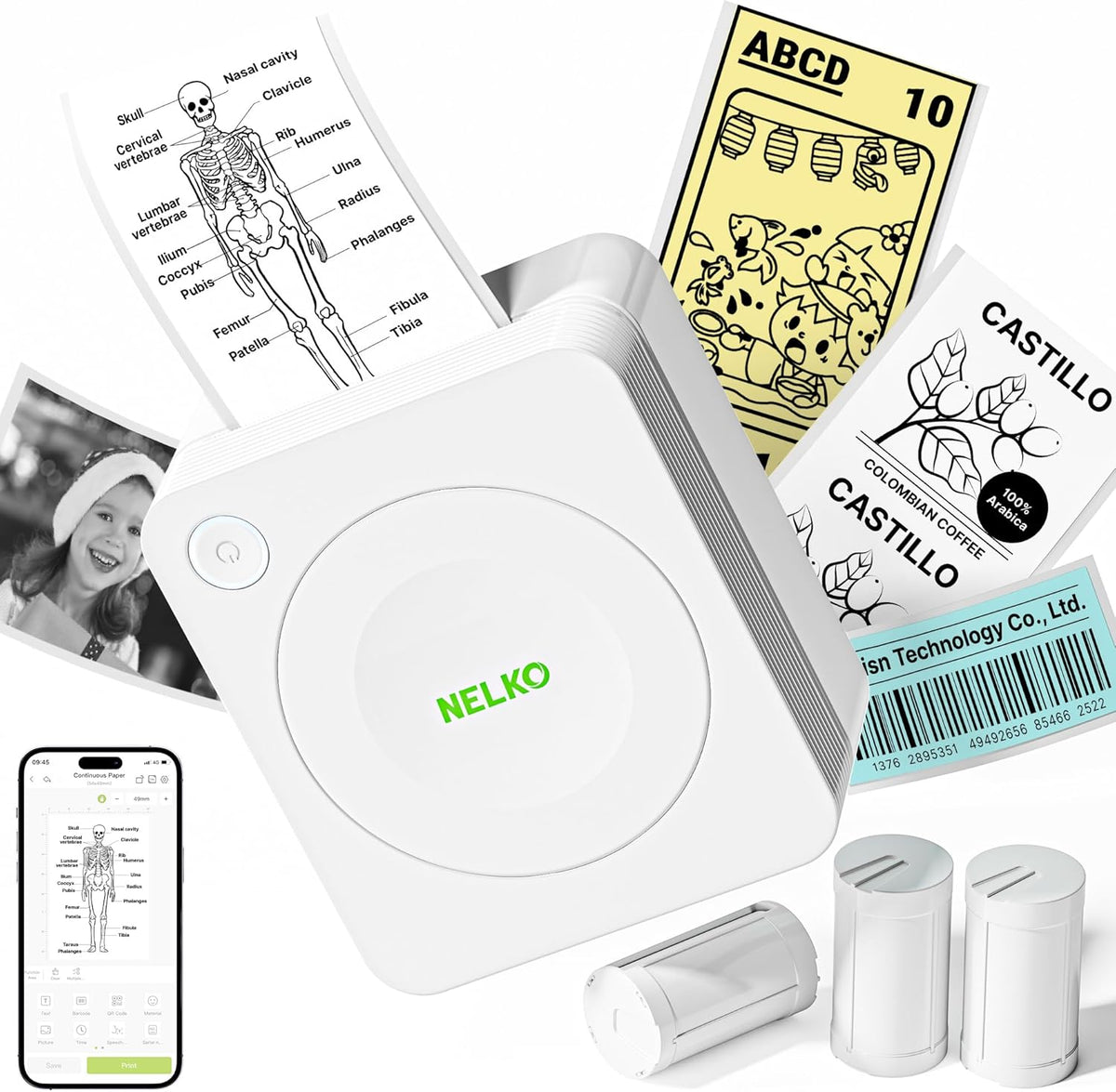 Nelko Sticker Printer, PM230 Bluetooth Portable Mini Printer with 3 Rolls, for DIY Creation, Study Notes, Pictures, Receipts, List, Multiple Templates for Phone & Tablet, White MegaBDM