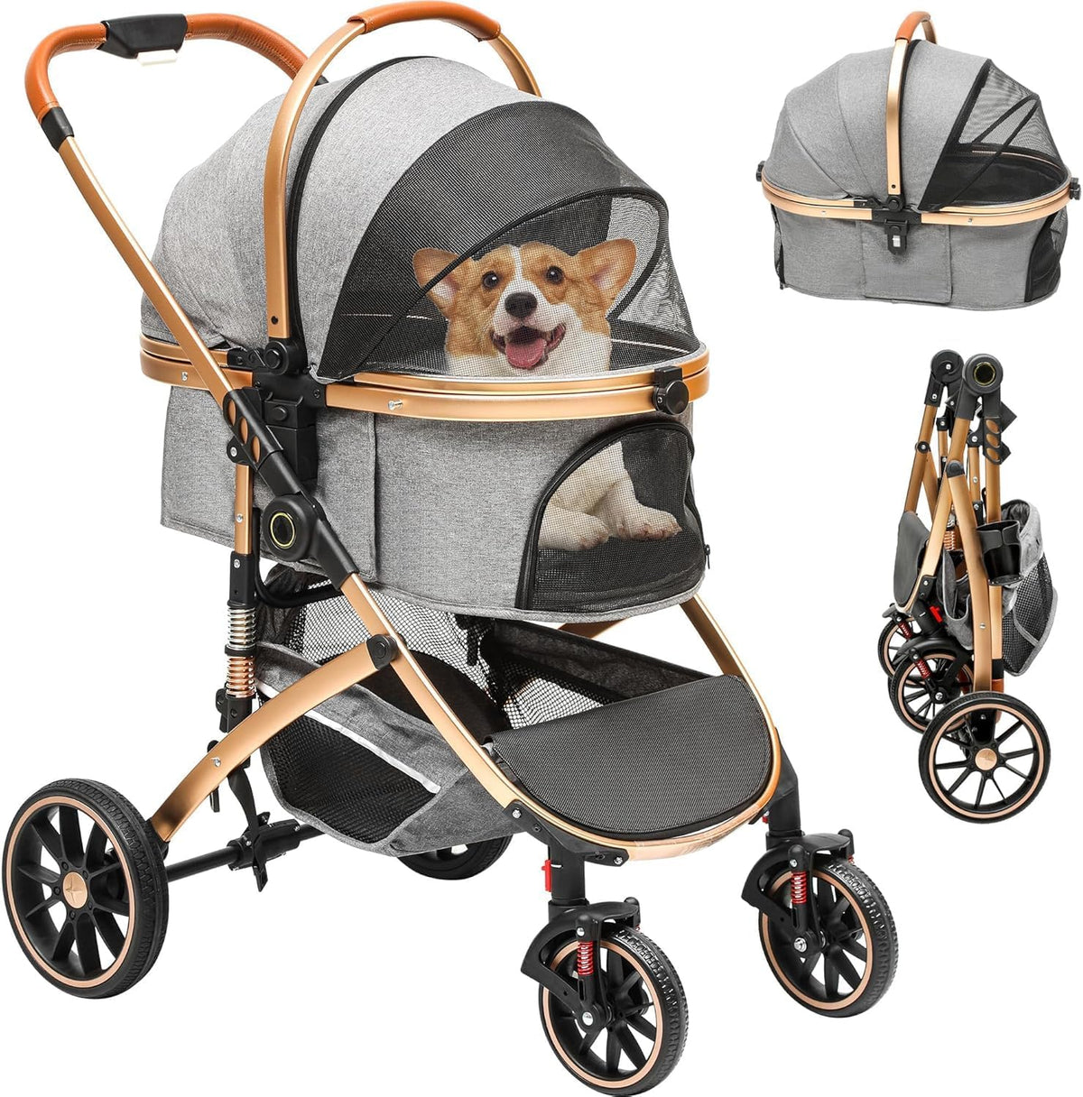 DWVO Dog Buggy, Foldable Pet Stroller, 3 in 1 Dog Cats Pushchair with Storage Basket Net Window Cup Holder, 360 ° EVA Wheels, Dog Travel Carrier, for Small Medium Dogs & Cats 22kg, Dog Prams (Grey) MegaBDM