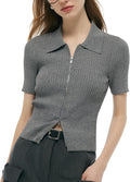 GOELIA Zip-Up Polo Shirt Knit Short Sleeve Cardigans Sweaters for Women Business Casual Tops for Women Trendy Summer MegaBDM