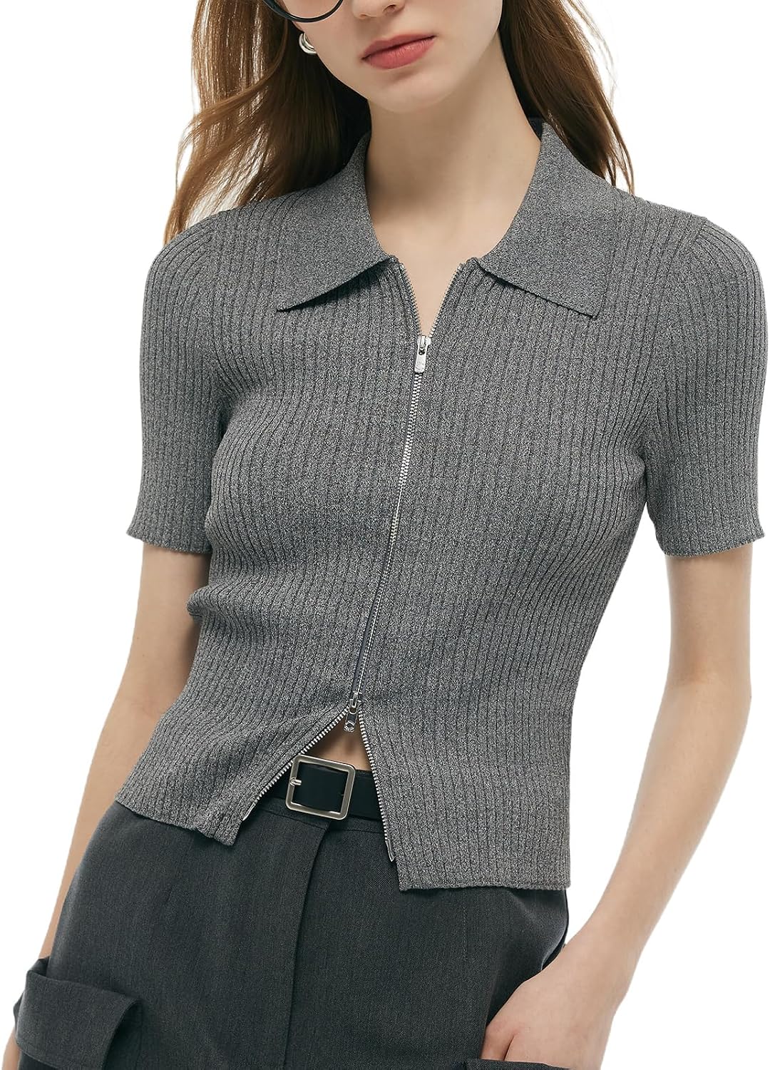 GOELIA Zip-Up Polo Shirt Knit Short Sleeve Cardigans Sweaters for Women Business Casual Tops for Women Trendy Summer MegaBDM