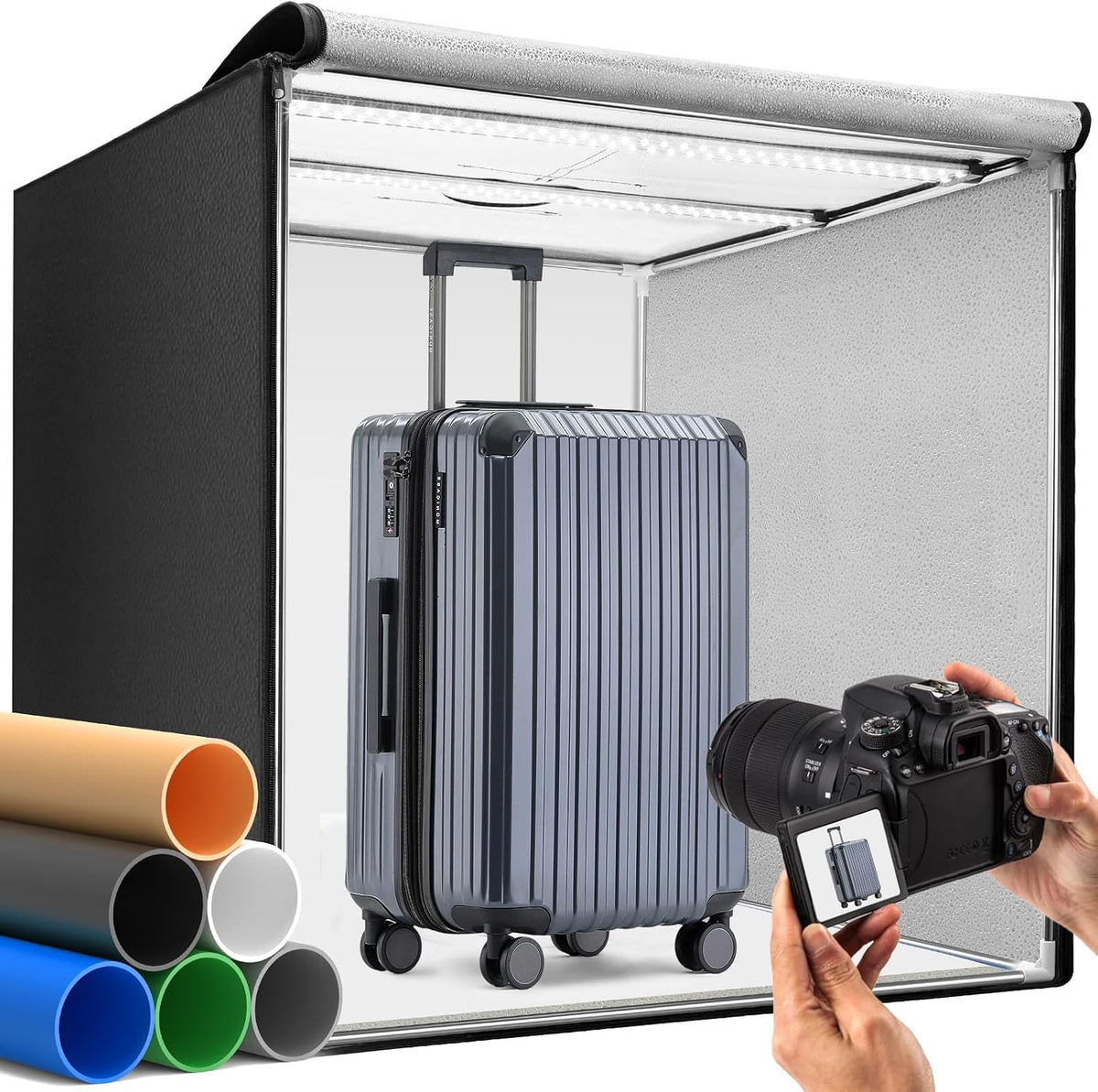 DUCLUS 60cm Light Box Photography, Portable Photo Studio Box 24" with 50W 98+ CRI 5600K Dimmable LED Lights, 360° Adjustable Light Panels, 6 PP Backdrops for Product Photography MegaBDM