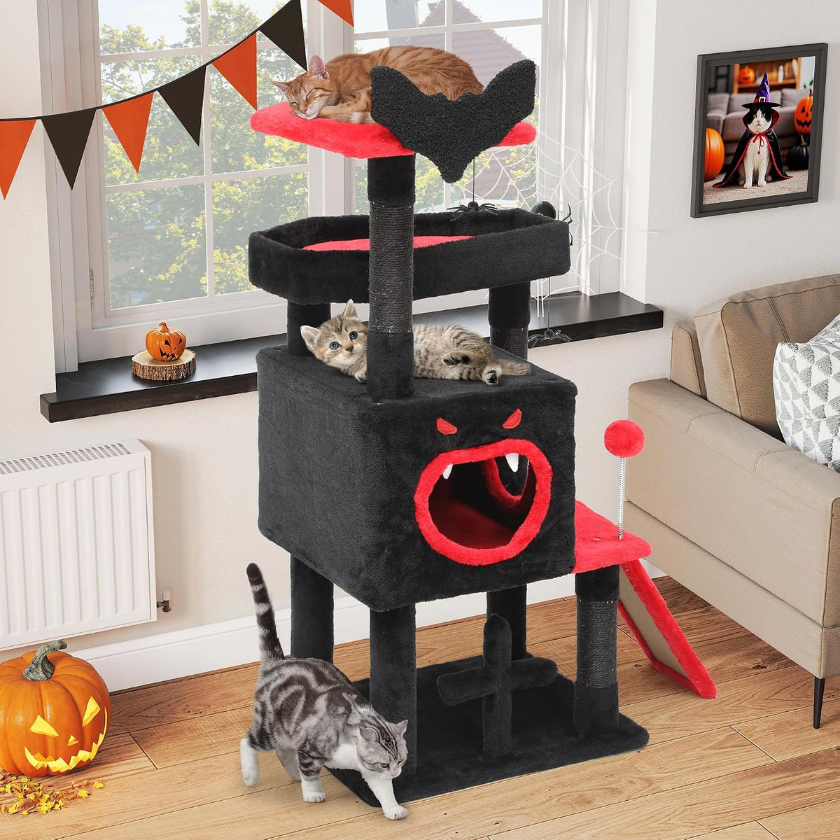 YITAHOME Gothic Cat Tree, Multi-Level Cat Tower with Dual Perches, Fierce-Mouth Condo, Base Platform, Climbing Ramp, Pom-Pom Ball, Spider Ornaments & Sisal Posts, Feline House for Indoor, Black & Red MegaBDM