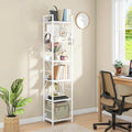 DWVO Book Shelf 6 Tiers, Tall Bookcase with Steel Frame Industrial Bookshelf with 4 Hooks Floorstanding Shelving Unit Narrow Display Rack Storage Organizer for Living Room Bedroom, White MegaBDM
