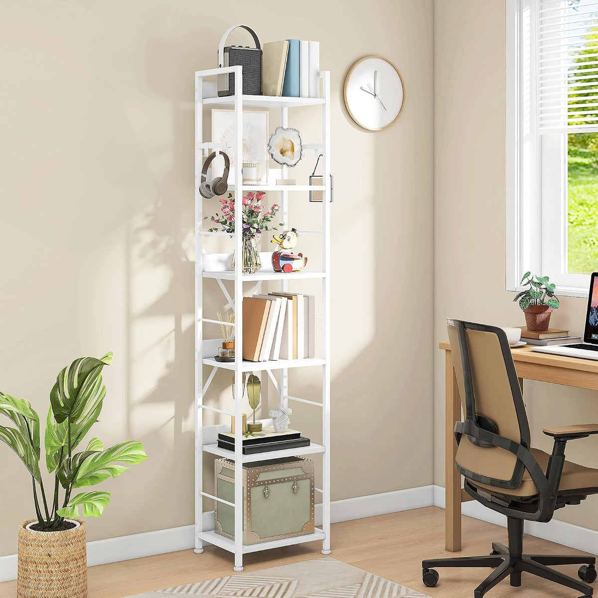 DWVO Book Shelf 6 Tiers, Tall Bookcase with Steel Frame Industrial Bookshelf with 4 Hooks Floorstanding Shelving Unit Narrow Display Rack Storage Organizer for Living Room Bedroom, White MegaBDM